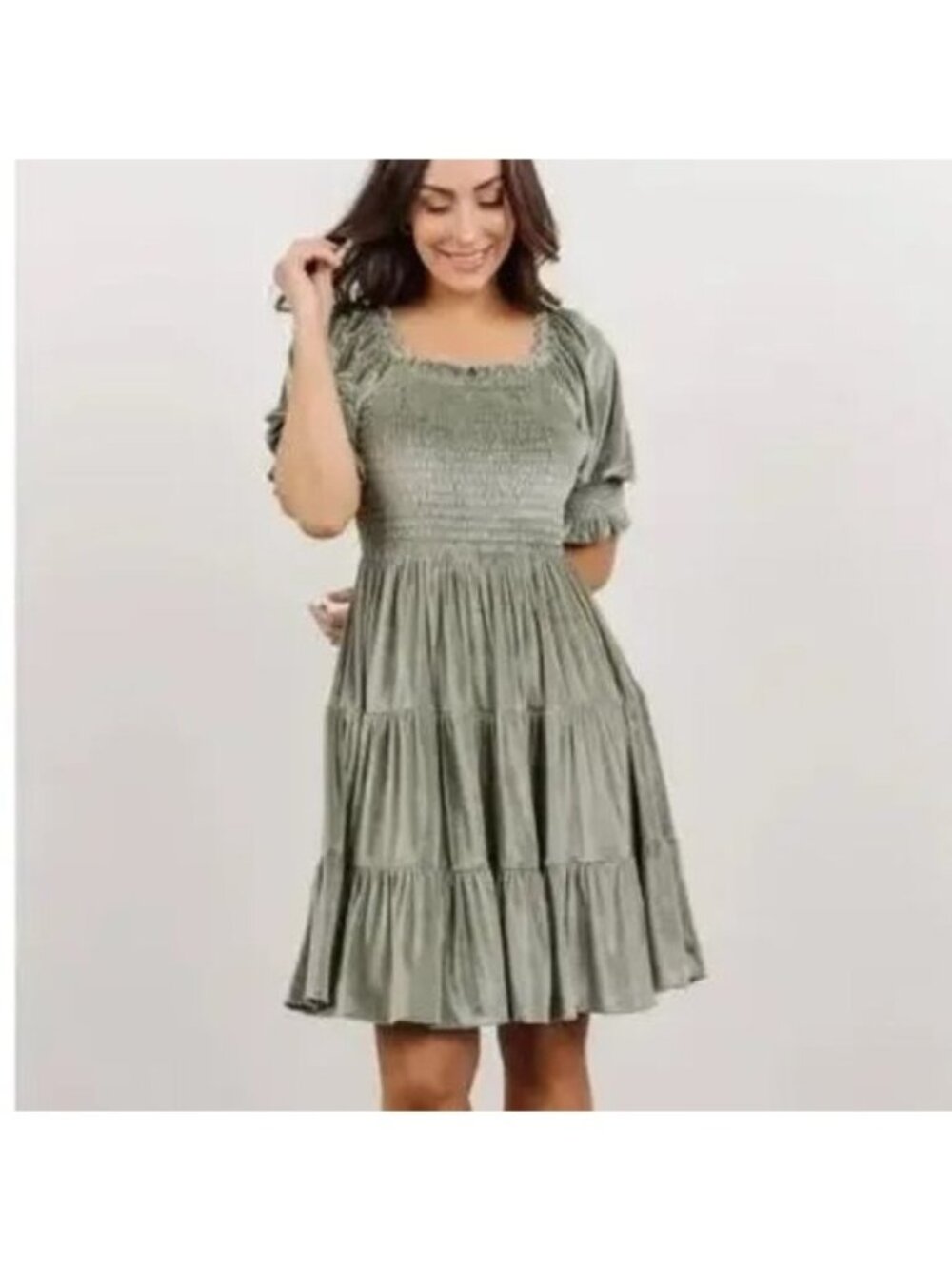 Baltic Born Bliss Smocked Velvet Short Dress XL Dusty Sage Green Bridesmaid